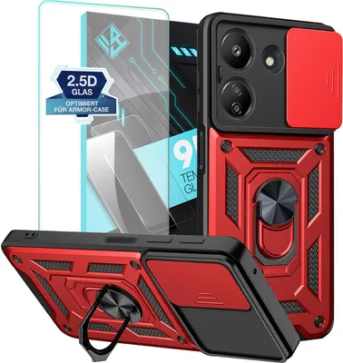 Produktbild von Armor Handyhülle für Xiaomi Redmi 13C mit 9H Displayglas Displayschutz Kameraschutz Handy Panzer Case Cover Schutzhülle Outdoor Farbe: Rot