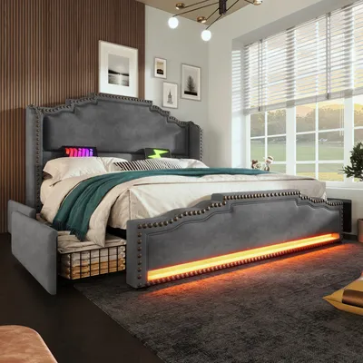 A bedroom scene featuring a modern bed with LED lighting and storage.