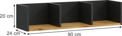 A product shot of a wall shelf with dimensions indicated.