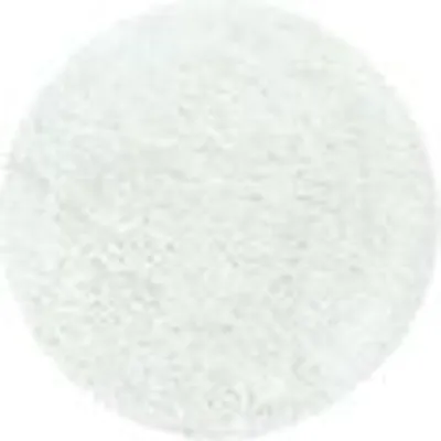 A white, circular rug with a high pile texture.