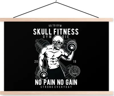 Produktbild von MuchoWow® Textilposter Gewichte - Fitness - Skelett - Vintage 60x40 cm mit holzfarbenen Rahmen - Bilder