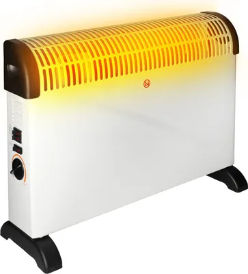 A white electric heater with orange glowing elements and black feet, shown on a white background.