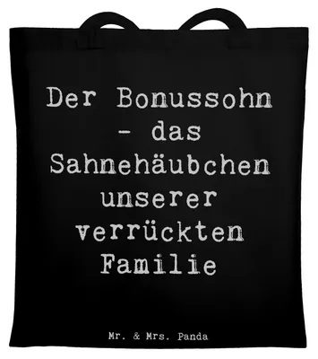 Produktbild von Mr. & Mrs. Panda Stoffbeutel Spruch Der Bonussohn - Schwarz - Geschenk, Liebe, Stiefsohn, Familienintegration, Schultasche, Lächeln, Tote Bag, Shopping Tasche