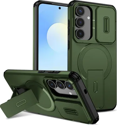 Immagine prodotto di Custodia magnetica per Samsung Galaxy S25 FE, custodia resistente a due strati con protezione della fotocamera scorrevole e supporto regolabile Verde