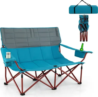 Immagine prodotto di Sedia da campeggio pieghevole extra-large per 2 persone, con braccioli e portabevande regolabili, borsa da trasporto imbottita, blu
