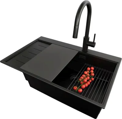 Produktbild von PRIMAGRAN Granitspüle Alles Schwarz 78x50cm, Spülbecken 1 Becken + Ablauf-Set + Küchenzubehörset, Küchenspüle ab 60er Unterschrank - Sydney