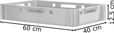 A gray plastic storage crate with dimensions labeled.