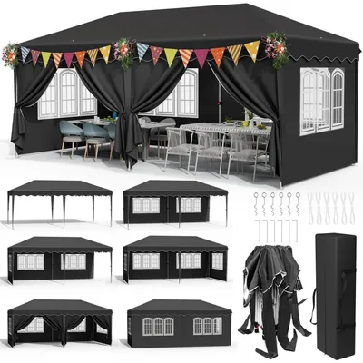 Produktbild von Faltpavillon 3x6m Wasserdicht Stabil Pop-up Gartenpavillon mit 6 Seitenteilen Schwarz