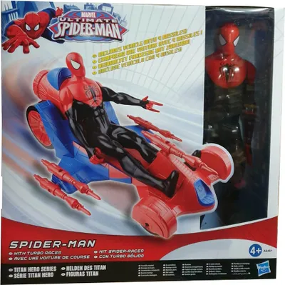 The image shows the packaging of a Spider-Man action figure with a turbo racer.