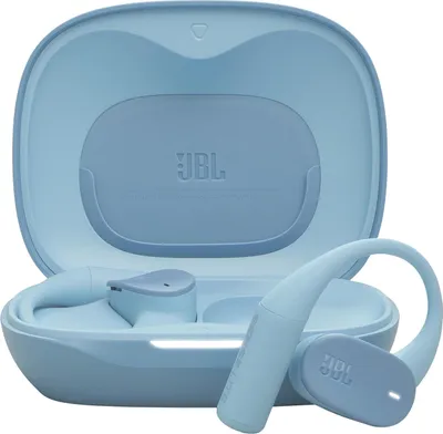 A pair of blue JBL wireless earbuds and their charging case are displayed.