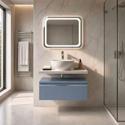 Produktbild von Hängendes Badmöbel 60 cm mit Schublade in matt Pastellblau, Beton-Optik Platte und rundem Aufsatzwaschbecken – ideal für moderne und kleine Bäder