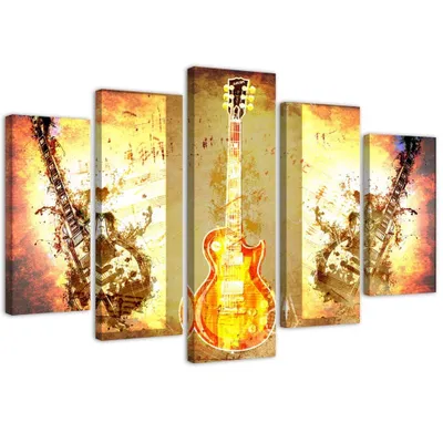 Produktbild von 5-teiliges leinwandbild gitarre 200x100 cm Feeby gelb wandbild bereit zum aufhängen