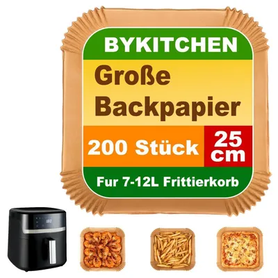 Produktbild von Backpapier für Heißluftfritteuse 200 Stück 25cm Antihaft Hitzebeständig für 8-12L Airfryer Mikrowelle Backofen