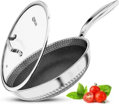 Productafbeelding van Premium Koekenpan met Deksel - 30 cm / 12 inch - Antikleef Coating - Krasbestendig - Extra Diep - Chemisch Vrijkook - RVS Honeycomb Hybr
