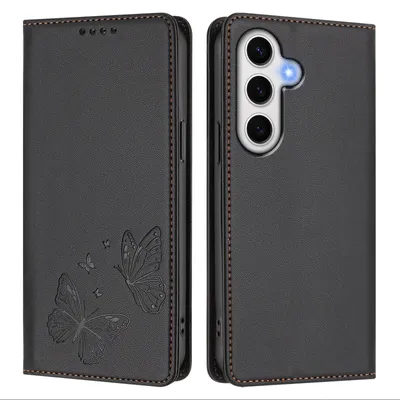 Image de Étui en cuir pour Samsung Galaxy S24 FE, motif papillon, étui portefeuille à rabat avec support, noir