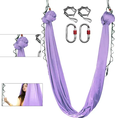 Produktbild von Aerial Yoga Hängematte 5 m × 2,8 m, Nylon 40D Lufthängematte, Rückfedernd & Antirutsch, Profi Yoga Zubehör-Set, Flieder