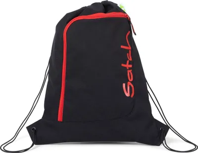 A black drawstring bag with red accents and branding.