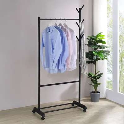 Produktbild von IDIMEX Kleiderständer Rollgarderobe, Metall, schwarz, 2 Kleiderstangen, 6 Kleiderhaken, Schuhablage für 4 Paar, 81x185x44 cm (BxHxT)