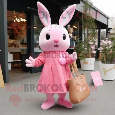 Produktbild von Rosafarbener REDBROKOLY Hase als Maskottchen kostüm bekleidet mit einem Wickelkleid und Tragetaschen