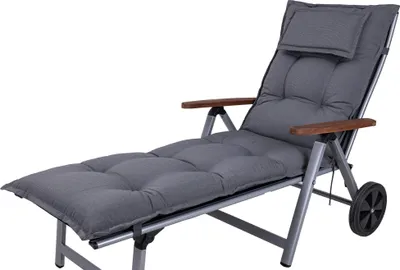 A gray chaise lounge with wooden armrests and a headrest, shown against a white background.