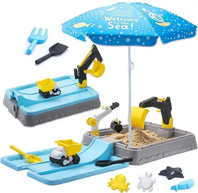 Imagen del producto de Caja de arena con excavadora y sombrilla, caja de arena para niños con tapa, set de juguetes de arena que incluye juguetes de playa para niños de 3 a 5 años, juguetes para exteriores y jardín