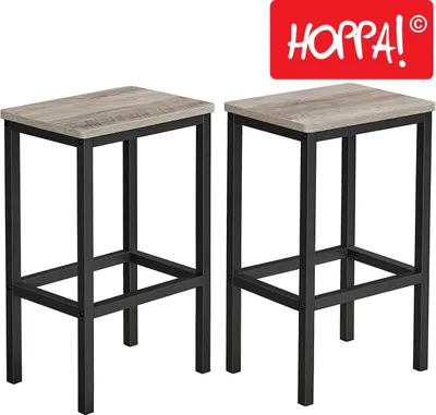 Two industrial-style bar stools with gray wood-grain tops and black metal frames are shown against a white background.