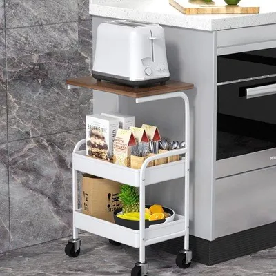 Obrázok produktu pre Kovový a drevený servírovací vozík s pracovnou doskou, 3-vrstvovou potlačenou doskou, kovovou nádobou a uzamykateľnými kolieskami do kuchyne, kancelárie, spálne, obývacej izby (biely)
