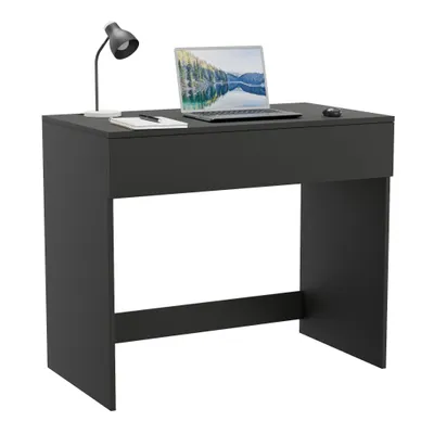A black desk with a laptop and a lamp on it, set against a white background.