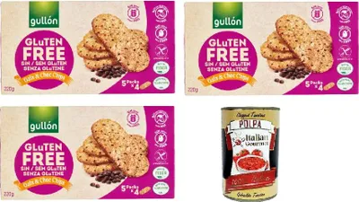 Produktbild von GULLON Biscotti di avena con gocce di cioccolato, senza glutine, Haferkekse mit Schokoladenchips, biscuits gluten frei, gluten free 3x 220g + Italian Gourmet polpa 400g