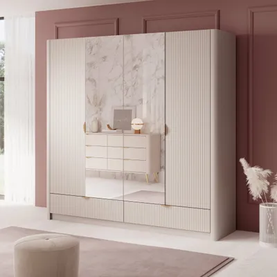 Produktbild von Kleiderschrank 4-Türig Spiegel Schubladen FLORE 213 cm Beige Gold