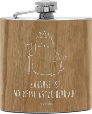 Produktbild von Mr. & Mrs. Panda edelstahl flachmann Katze König - Transparent - Geschenk, Cat, Hip Flask, feldflasche, Cats, Haha, Katzen, holz, Krone