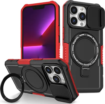 Produktbild von Handyhülle für iPhone 13 Pro Kompatibel mit MagSafe, Robuste Hülle mit Schiebe Kamera Schutz, Magnetischer Ringständer Schwarz Rot