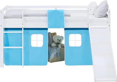 Image de Lit superposé 90x200 cm avec Toboggan Lit mezzanine en Bois Pin Massif Lit d'enfant Cadre de Lit Rideau Bleu