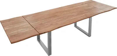 Produktbild von Baumkantentisch 220 (320) x 90 cm Norina, Akazienholz massiv & stonefarben lackiert, Esszimmertisch inkl. 2 Ansteckplatten, echte Baumkante, Esstisch mit U-Metallgestell in Silber
