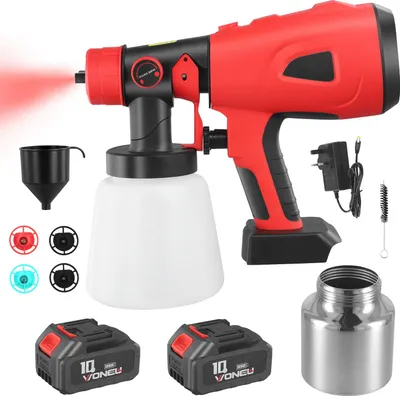 Produktbild von 800 ml Farbsprühgerät - Kabellose Farbspritzpistole - Handgerät - 2x 2600 mAh Akku - Für Farbe und Gartenpestizide - Rot