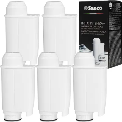 A set of five white water filter cartridges and a product box are displayed against a white background.