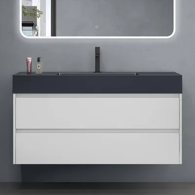 Immagine prodotto di doporro Mobile Bagno Sospeso Mobiletto Sottolavabo da 120 cm Bianco Opaco con Lavabo Integrato | Set Mobile Include Lavandino Antracite in Marmoresina e 2 Cassetti Soft Close Serie Deep