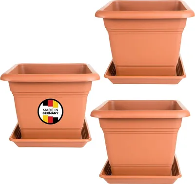 Produktbild von 3er Set Pflanzkübel groß außen mit Untersetzer, Blumentopf 40x40 cm, Blumenkübel Pflanztopf, Pflanzentopf,  Germany, Farbe: Terracotta