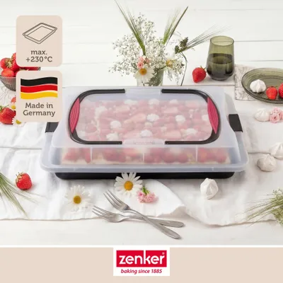 Produktbild von Zenker Blechkuchen-Container to go, Backblech mit Transport-Abdeckung für unterwegs, Backform antihaft mit Deckel und Softgriffen (Kuchenform: ca.425x295x75 mm)