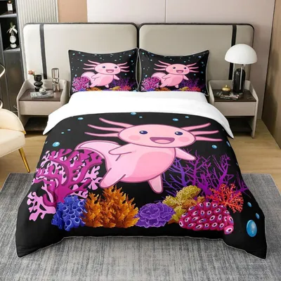 Productafbeelding van Beddengoedset 220x240 cm, 100% katoen, met 2 kussenslopen van 80x80 cm, met axolotl-motief