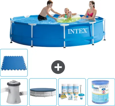 Immagine prodotto di Piscina Intex con struttura rotonda - 305 x 76 cm - blu - inclusa copertura della pompa - pacchetto manutenzione - filtro - piastrelle per il pavimento