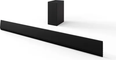 A black soundbar and subwoofer are displayed on a white background.