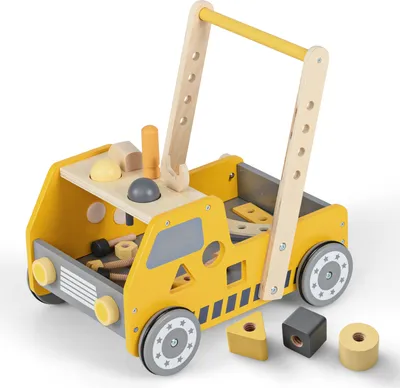 Image de COSTWAY Trotteur 2 en 1 en bois, chariot à pousser avec vitesse réglable et espace de rangement en dessous, voiture à marcher avec établi
