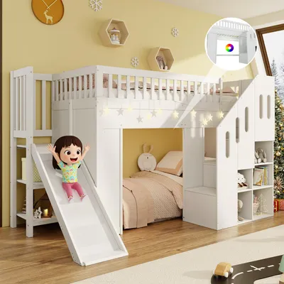 Produktbild von Kinderhochbett 90x200 cm mit Rutsche, Stauraumtreppe, Rausfallschutz und LED-Lichtleiste, Kiefernholz und MDF, mit Lattenrost, Weiß