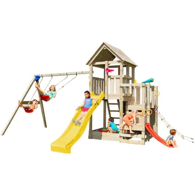 Produktbild von Spielturmking Spielturm PENTHOUSE mit Rutsche 2,90 m + Babyrutsche + Kletternetz + Doppelschaukel - Gelb DH271