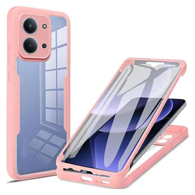 A pink phone case with a transparent back is shown from two angles against a white background.