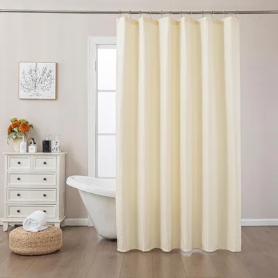 Produktbild von Duschvorhang mit Waffelstruktur und Ösen, 200 cm hoch x 180 cm breit, wasserabweisend, waschbarer Polyester-Duschvorhang fürs Badezimmer, beige