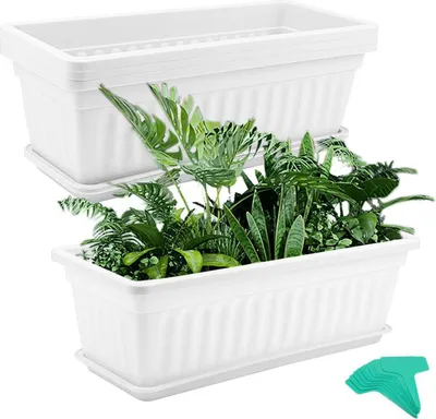 Image de lot de 4 bacs à fleurs rectangulaires à fenêtre 43 cm, blanc, bacs à plantes avec plateaux et étiquettes pour plantes
