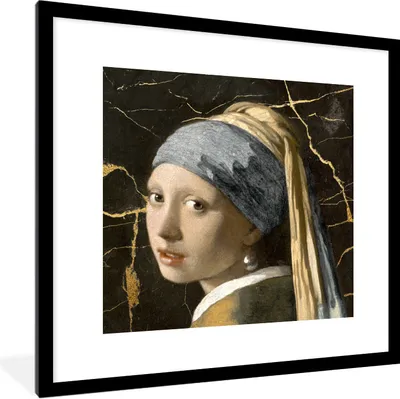 Produktbild von MuchoWow® Gerahmtes Poster Mädchen mit Perlenohrring - Gold - Schwarz 40x40 cm - Poster mit Schwarzem Bilderrahmen Wandposter Rahmen Foto Bilder - Poster - Plakat im Rahmen