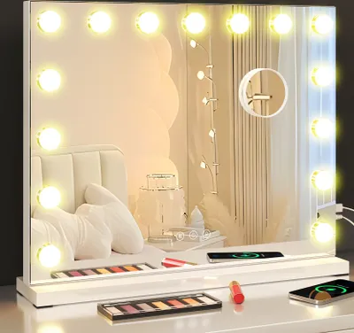 Produktbild von Dripex Hollywood 3 Farblichter Schminkspiegel, Kosmetikspiegel mit 15 LEDs, 3000-6000K, mit einem abnehmbaren 10-fachen Vergrößerungsspiegel